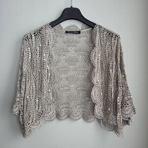 NWOT Jacgues Vert Oyster Crochet Lace Shrug Bolero Sequins Cardigan XL Cropped